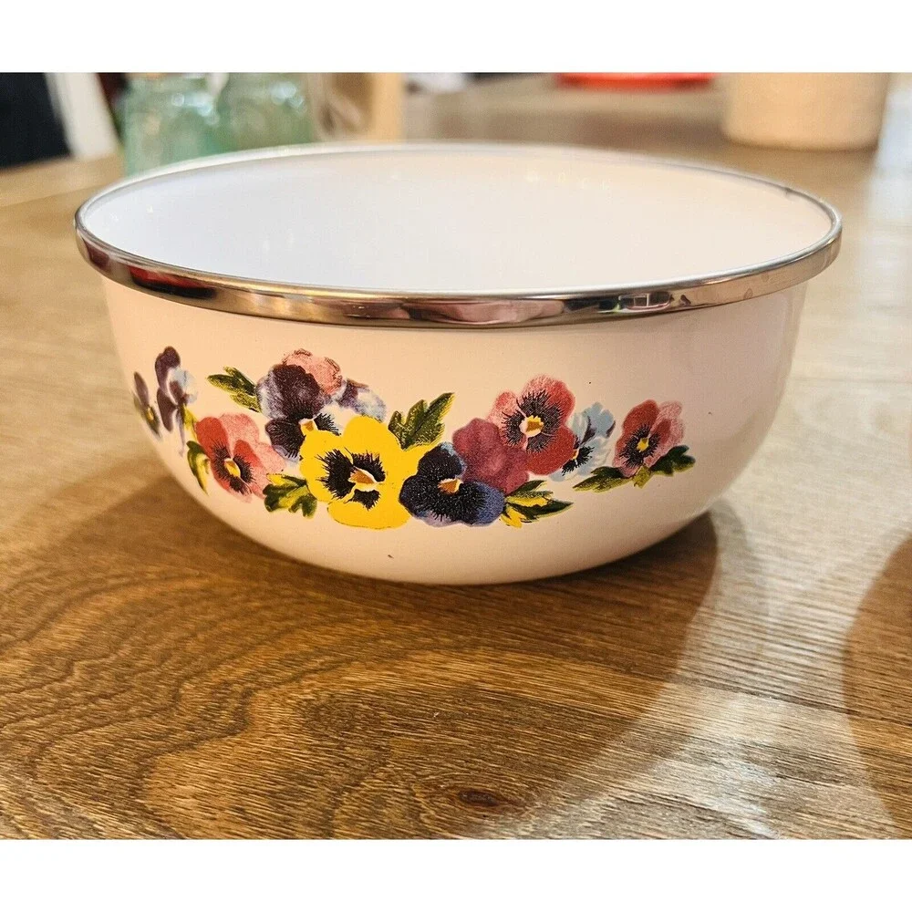 Vintage GMI Enamelware Pansy Floral Nesting Bowls Set of 2 Cottage Kitchen